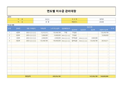 연도별 미수금 관리대장 비즈폼 샘플양식 다운로드