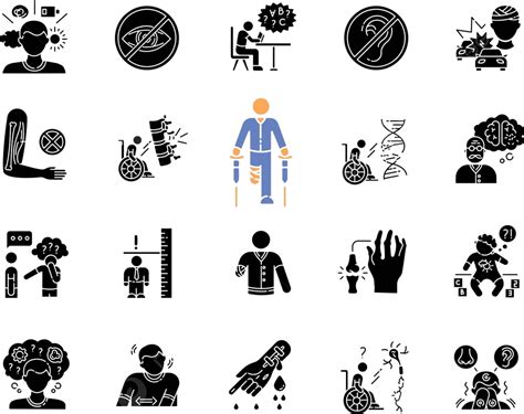 Black Glyph Icons Depicting Various Types Of Disabilities On A White Background Vector Disease