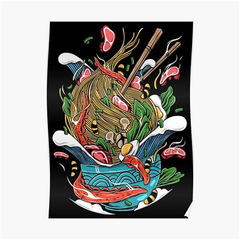 Póster Ramen japonés Fideos pulpo gran ola de kanagawa de arts