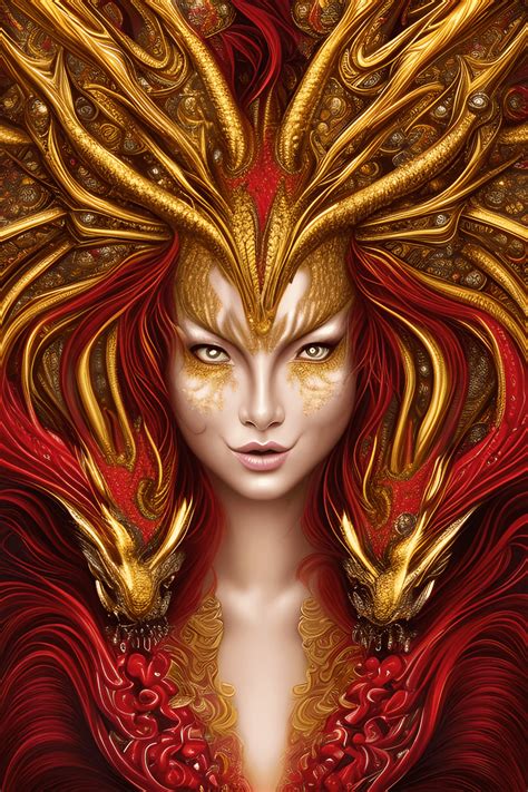 Red And Golden Dragon Goddess Portrait 8K Polished Creative Fabrica