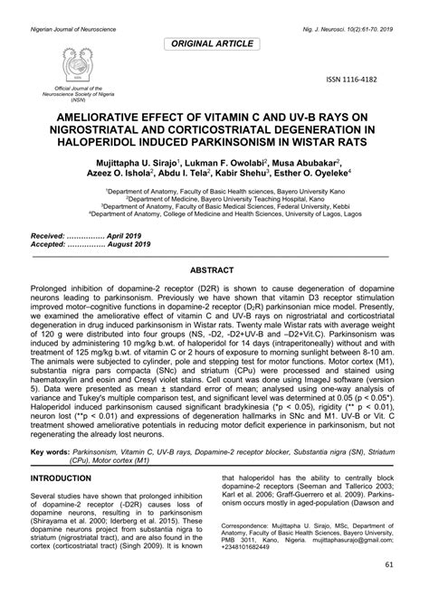 PDF AMELIORATIVE EFFECT OF VITAMIN C AND UV B RAYS ON NIGROSTRIATAL