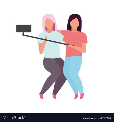 Female Friends Making Photo With Selfie Stick Vector Image