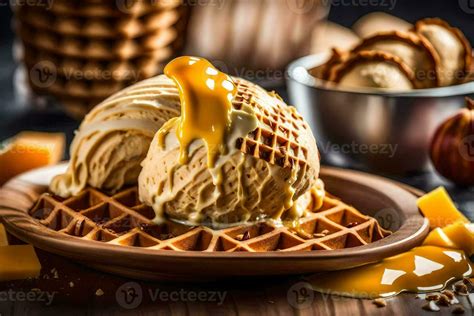 Ice Cream Waffle With Caramel Sauce And Waffle On A Wooden Plate Ai