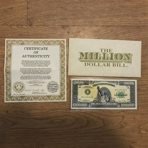The Traditional One Million Dollar Bill. with certificate of