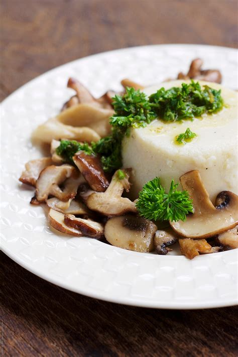 Celery Root Panna Cotta With Wild Mushrooms And Parsley Sauce Stock