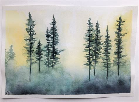 Watercolor Painting Pine Trees Painting Dream Etsy