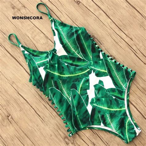 2018 Sexy One Piece Swimsuit Women Swimwear Green Leaf Bodysuit Bandage