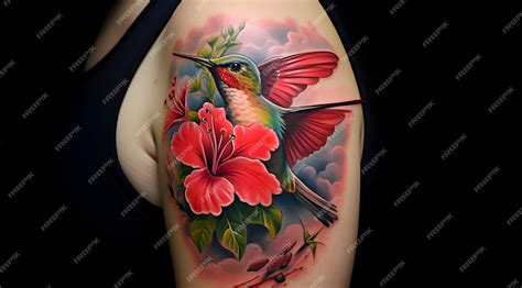 Premium AI Image | Photo tattoo design hummingbird with flower tattoo design on human body ...