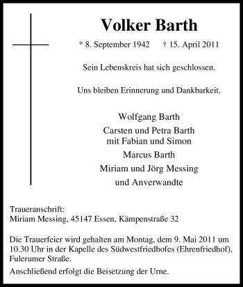 Traueranzeigen Von Volker Barth Trauer In NRW De