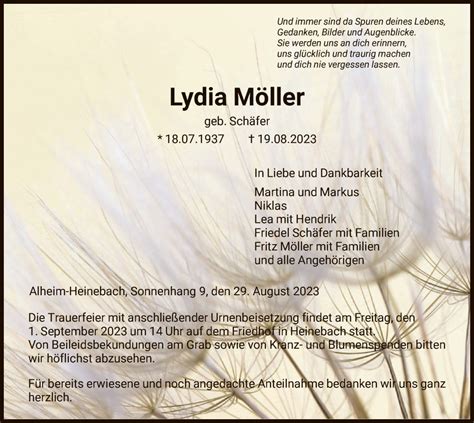 Traueranzeigen von Lydia Möller Trauer HNA de