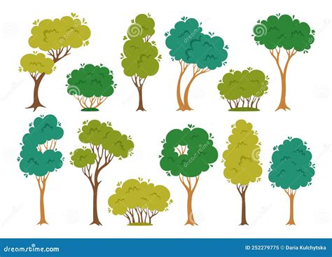 Trees Shrub Cartoon Silhouette Set Abstract Engraved Evergreen Stylized