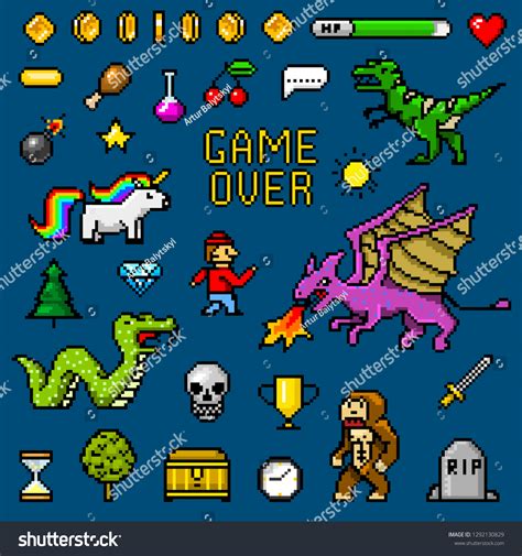 Pixel Art 8 Bit Objects Retro Game Assets Set Royalty Free Stock