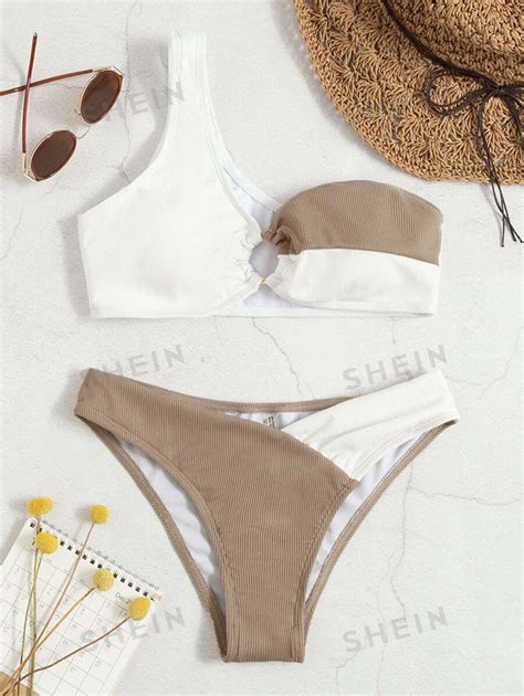 SHEIN Swim Summer Beach Color Block Ribbed Bikini Set Ring Linked One