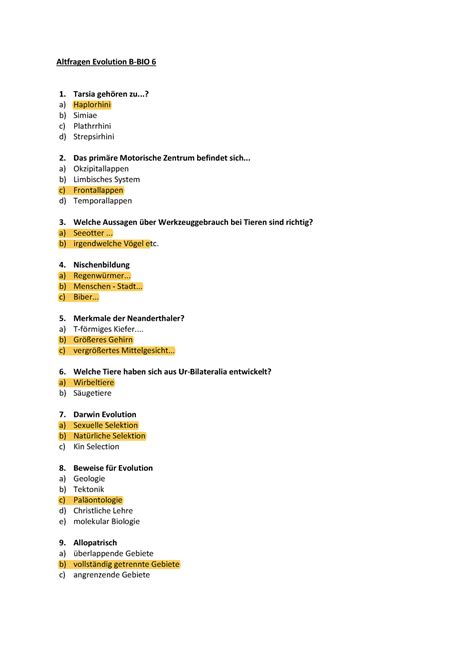 Evolution Altfragen Altfragen Evolution B BIO 6 1 Tarsia gehören zu