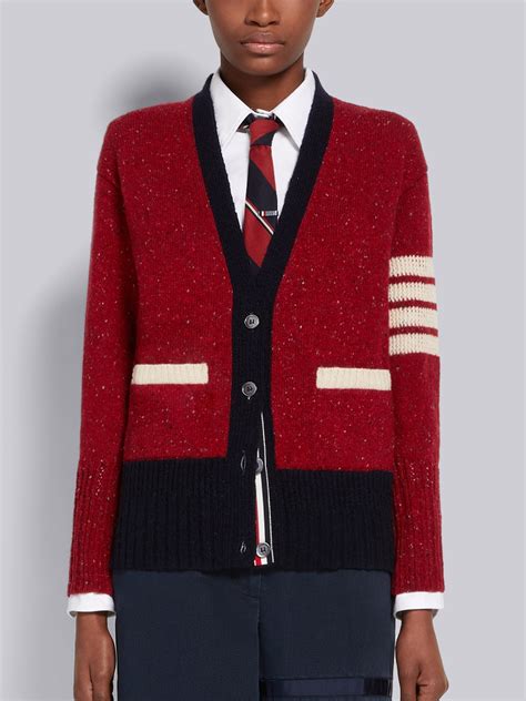 Red Jersey Stitch Mohair Tweed Bar V Neck Cardigan Thom Browne Official