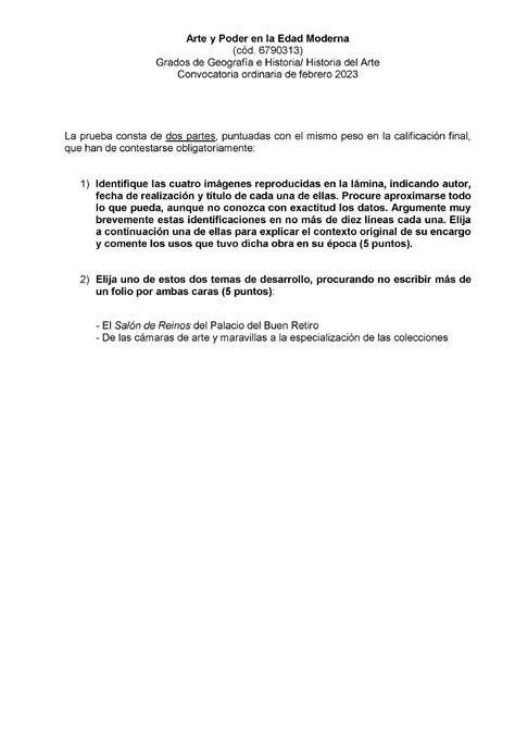 Examen De Enero Arte Y Poder En La Edad Moderna G E H H Del