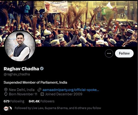 Aap S Raghav Chadha Changes X Bio To Suspended Member Of Parliament