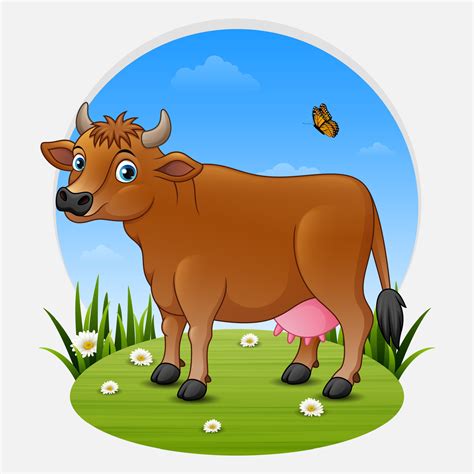 Cartoon brown cow on green meadow 12086908 Vector Art at Vecteezy