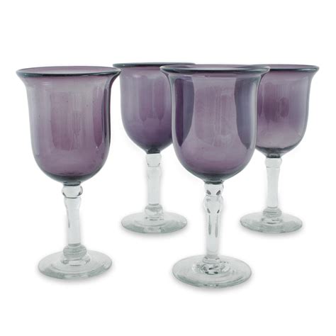 Recycled Glass Water Goblets Purple Set Of 4 Amethyst Tulip Novica