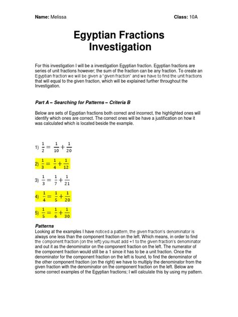 Egyptian Fractions Investigation | Fraction (Mathematics) | Numbers