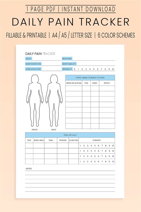 Daily Pain Tracker Pain Log Health Tracker Printable Chronic Pain Tracking Pain Relief Log