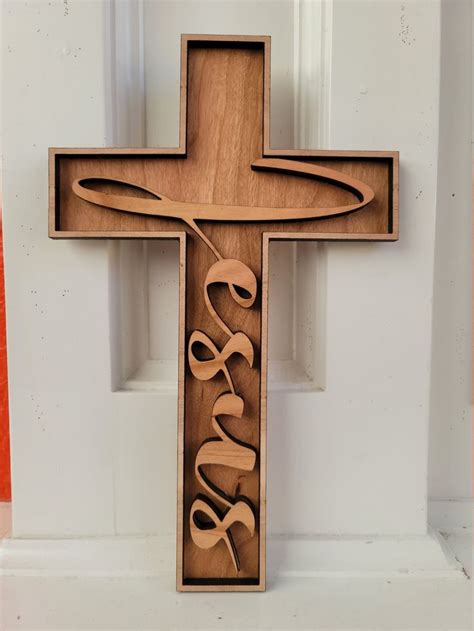 D Jesus Cross Layered Wood Made Of Cherry Hand Finished Stained Etsy