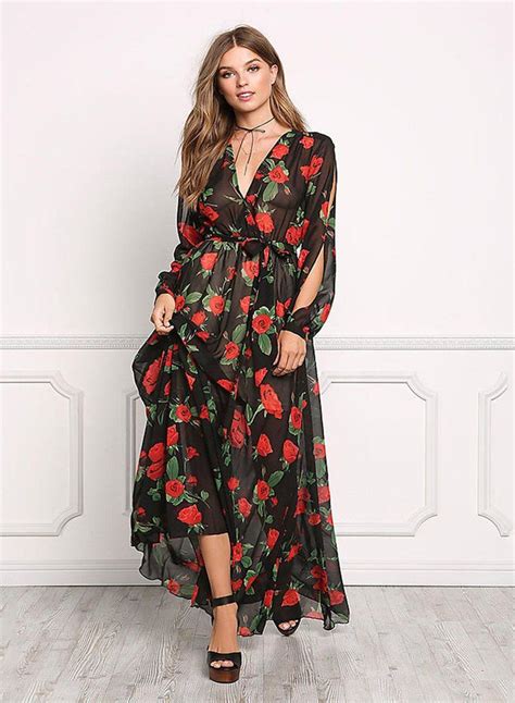 V Neck Rose Print Maxi Dress Floral Chiffon Maxi Dress Maxi Dress