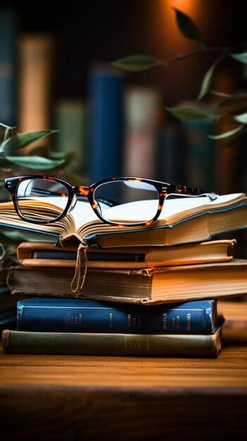 Premium Photo | Glasses rest atop a wooden desk with a stack of books ...