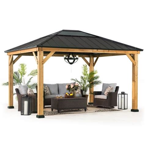 Sunjoy Jessa Outdoor Patio 11 Ft X 13 Ft Cedar Framed Gazebo With Black Steel Roof Hip Hardtop