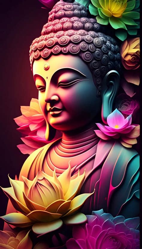 The Buddha Statue Is Surrounded By Flowers And Leaves On A Black