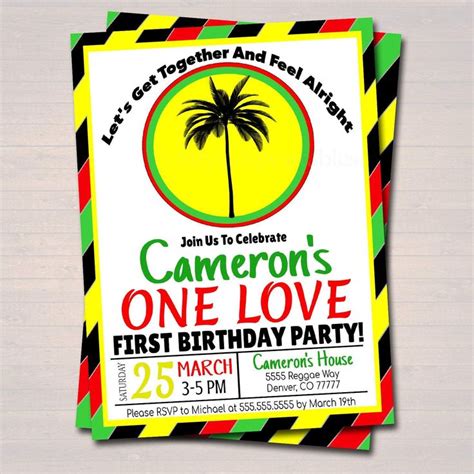 One Love First Birthday Party Invitation Jamaica Reggae Theme Theme