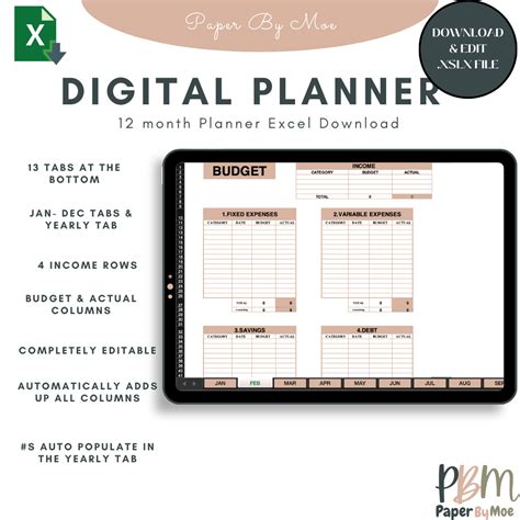 Excel One Year Monthly Budget Planner - Digital & Editable – Paper By Moe