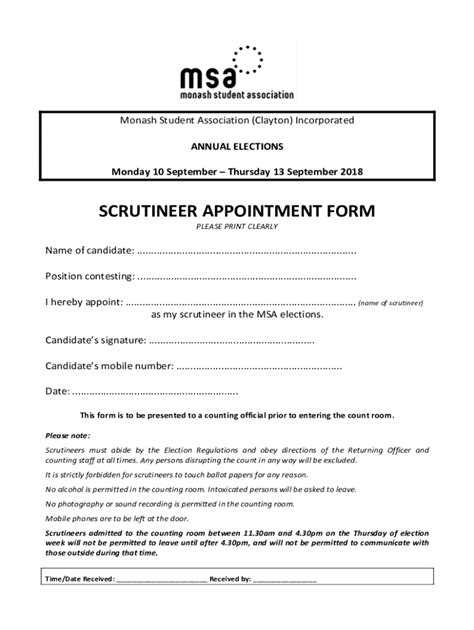 Fillable Online SCRUTINEER APPOINTMENT FORM MSA Fax Email Print