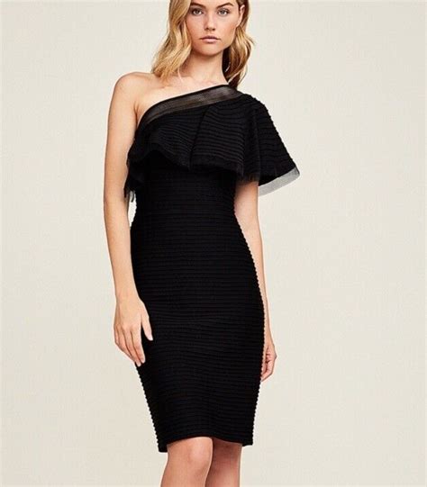 Tadashi Shoji Black Addison One Shoulder Pintuck Stre Gem