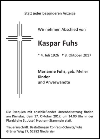 Traueranzeigen Von Kaspar Fuhs Aachen Gedenkt