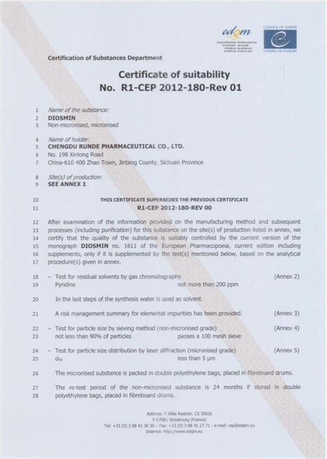 Cep Certificate Chengdu Runde Pharmaceutical Co Ltd