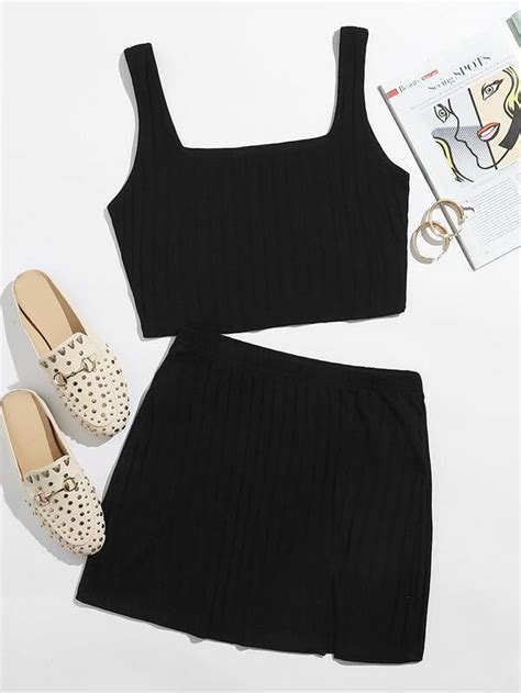 Shein Ezwear Conjunto Top Tank Corto Tejido De Canal Con Falda Bajo