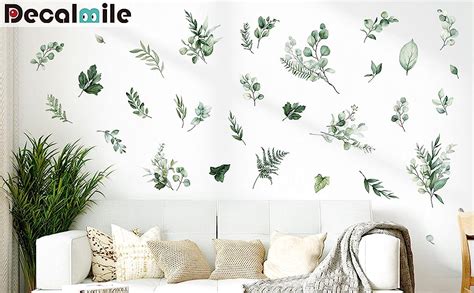 Decalmile Botanical Green Leaves Wall Stickers Eucalyptus Leaf Plants