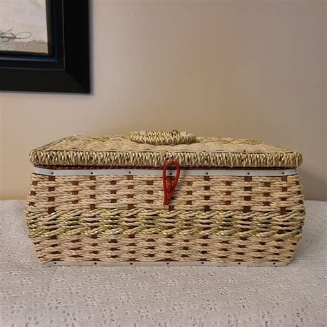 Vintage Woven Wicker Sewing Basket W Orange Satin Interior Etsy