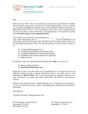 Fillable Online New Patient Welcome Letter Women S Health Connecticut