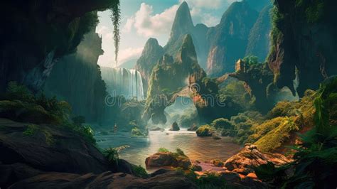 A Fantastic Scene With Wild Waterfalls In A Dense Jungle A Mysterious