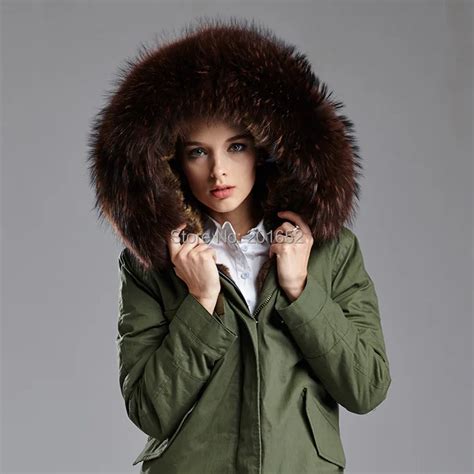 Womens Green Natural Fur Coats Genuine Raccoon Fur Trimmed Hood Ladies Fur Coat Mr Mrs Fur