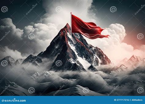 View Of Towering Mountain Peak With Red Flag Rising Above The Clouds