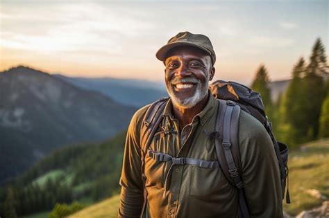 Premium Ai Image Active Retired Black Man Hiking In Mountains Fall Or