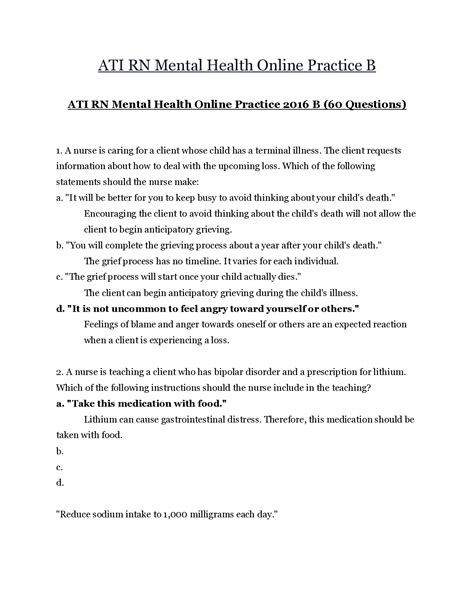 ATI RN Mental Health Online Practice B ATI RN Mental Health Online
