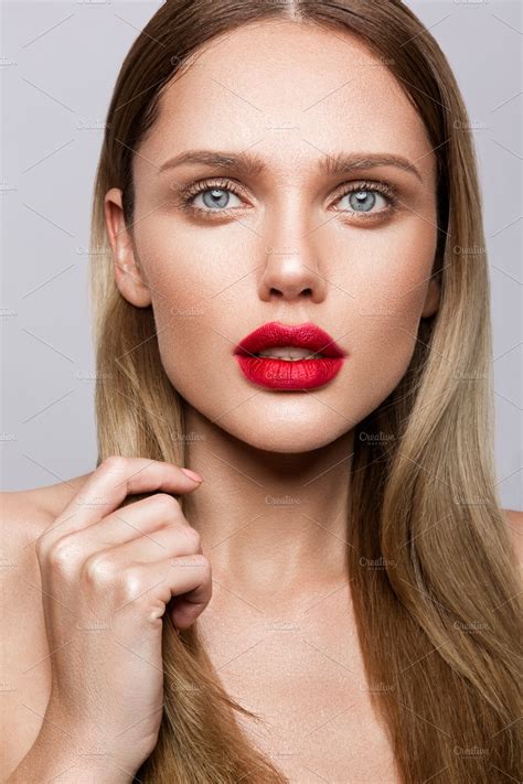 Beautiful Young Model With Red Lips High Quality Beauty And Fashion