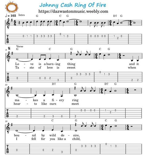 Johnny Cash Ring Of Fire Easy Guitar Tab Sheet Music Page 1 Of 3