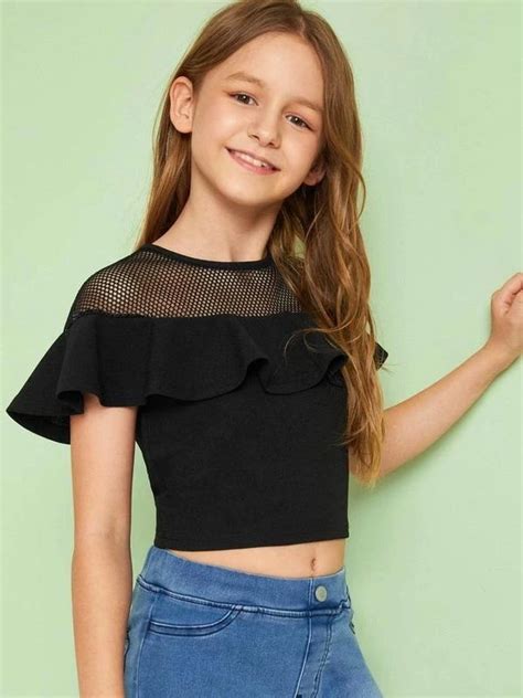 Girls Mesh Yoke Ruffle Trim Crop Top Girls Clothing Online Girls Outfits Tween Girls Fashion