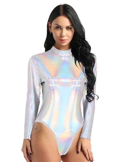 Msemis Women Metallic Liquid Ballet Leotard Gymnastics Bodysuit Long