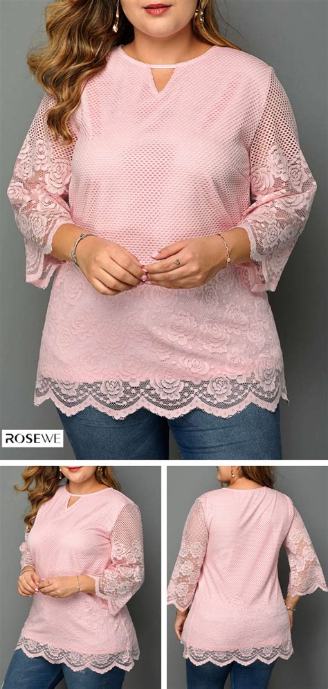 Hot Sale Keyhole Neckline Light Pink Plus Size Lace Blouse Trendy